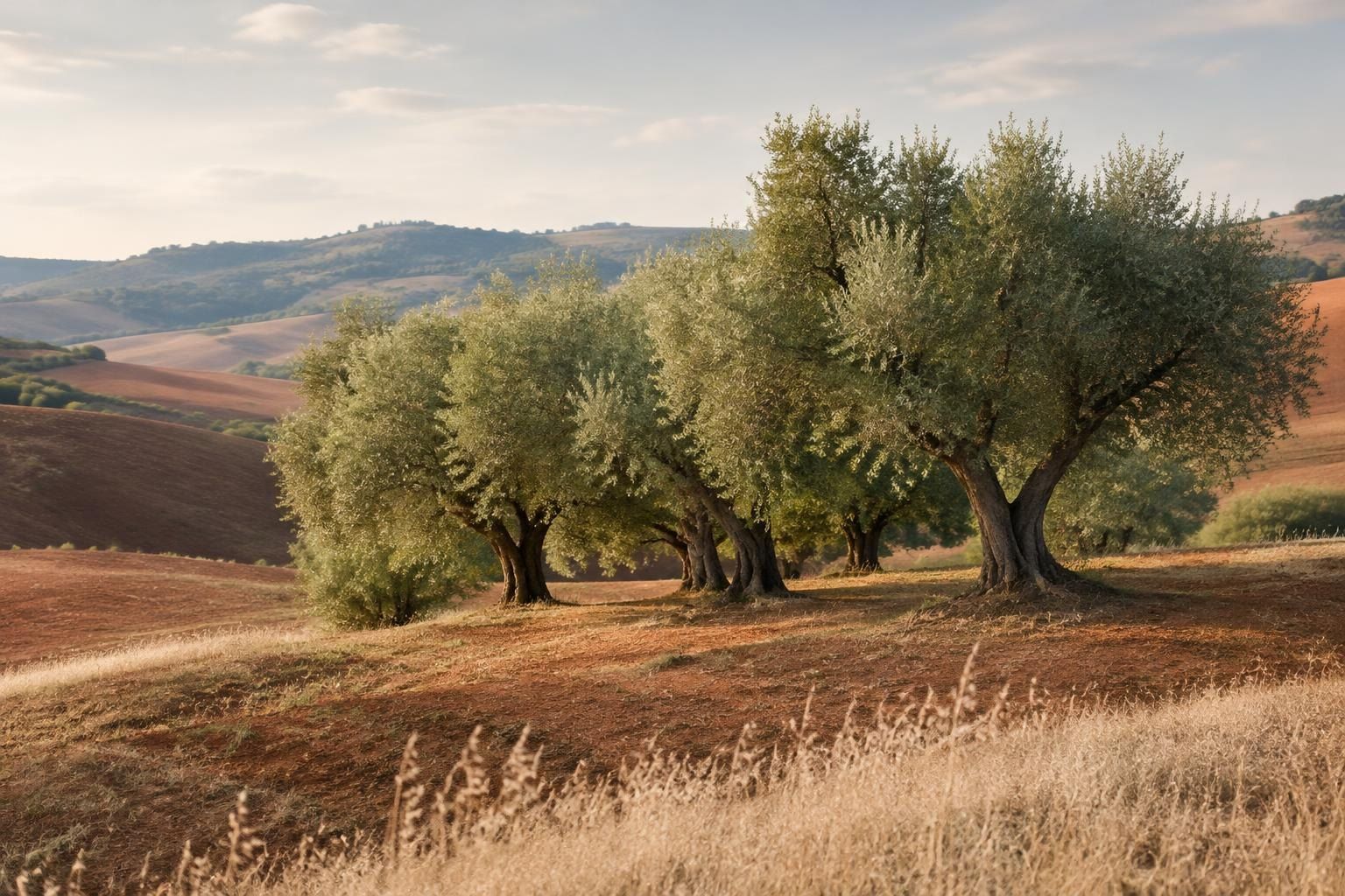 Olivos entre colinas de tierra y hierba natural