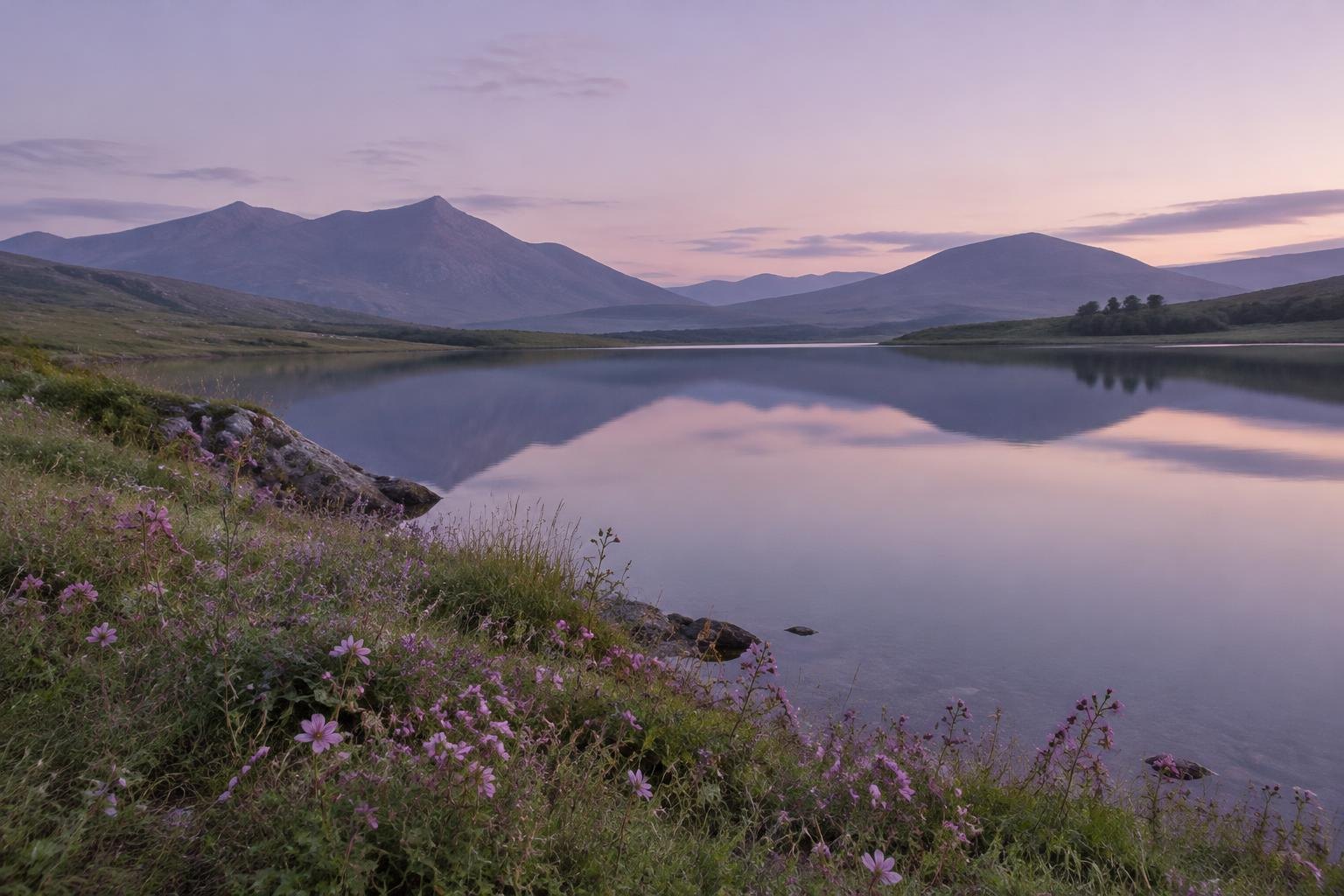 Lago tranquilo con flores malva al amanecer