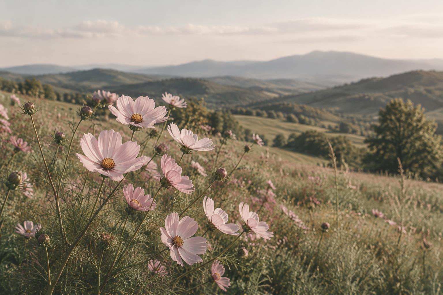 Flores rosas en un prado sereno