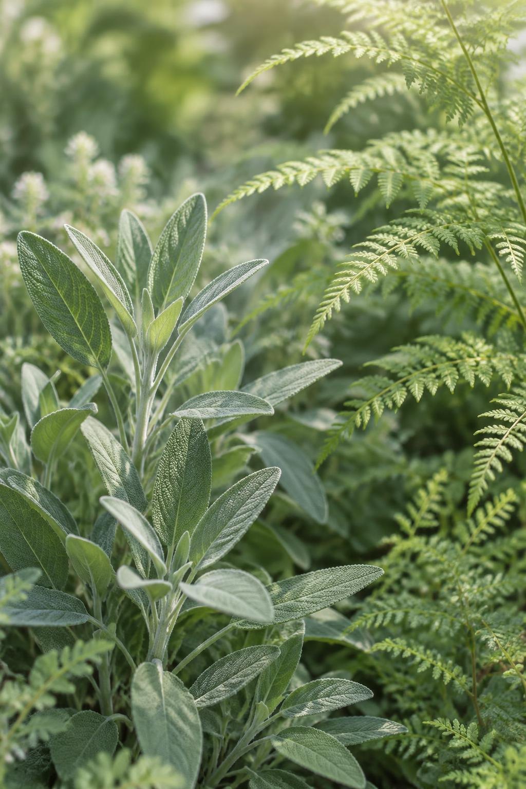 Hojas de salvia y helechos en luz natural