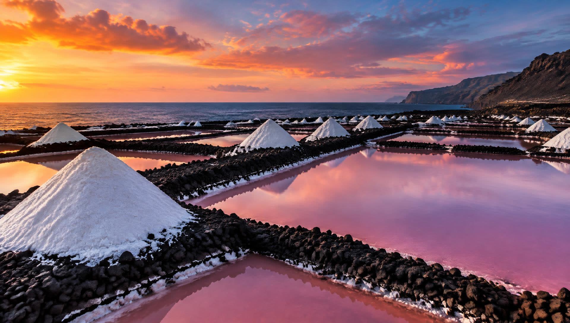 Salinas al atardecer con el reflejo del cielo en el agua